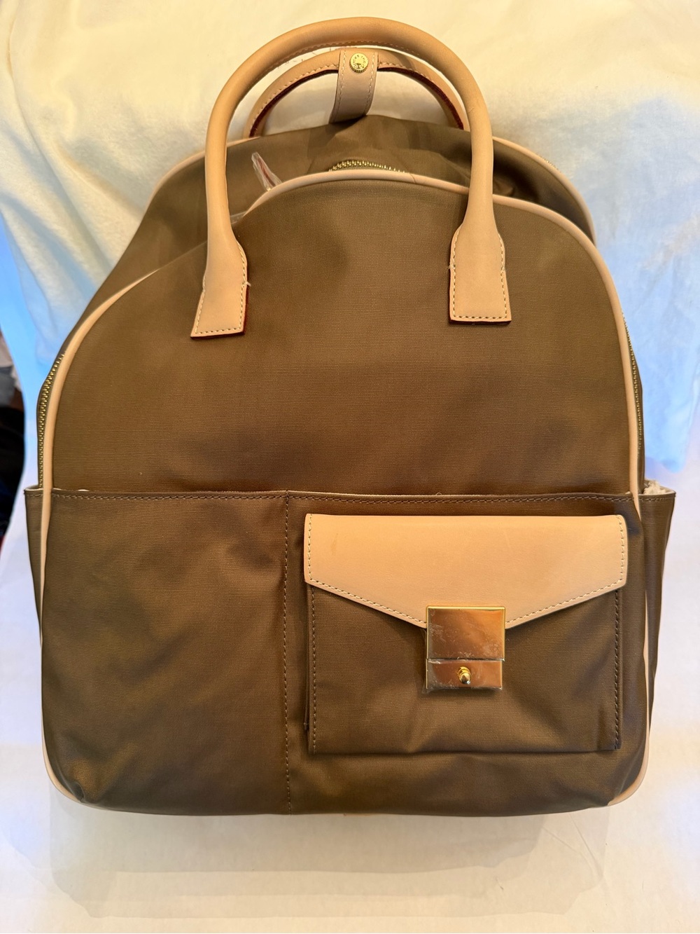 India Hicks Olive Brown Backpack with Beige Trim